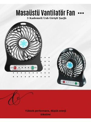 USB Girişli Taşınabilir Masaüstü Mini Fan – 3 Kademeli Hız, Şarjlı, Işıklı, Sessiz Çalışma