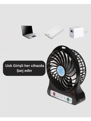 USB Girişli Taşınabilir Masaüstü Mini Fan – 3 Kademeli Hız, Şarjlı, Işıklı, Sessiz Çalışma