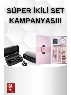 Wireless Şarjlı Pembe Akıllı Saat ve Kablosuz Bluetooth Kulaklık Dokunmatik Kontrol