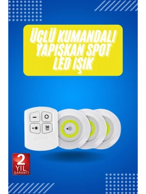 Yapışkanlı 3lü Spot Led Işık Lamba Montajsız Pilli Uzaktan Kumandalı