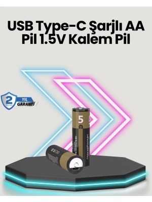 Yüksek Performanslı AA USB Şarjlı Lityum Pil | 1.5V Sabit Güç | 2’li Paket