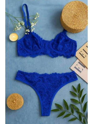 Zarif Mavi Dantelli Transparan Sütyen ve Tanga Takımı