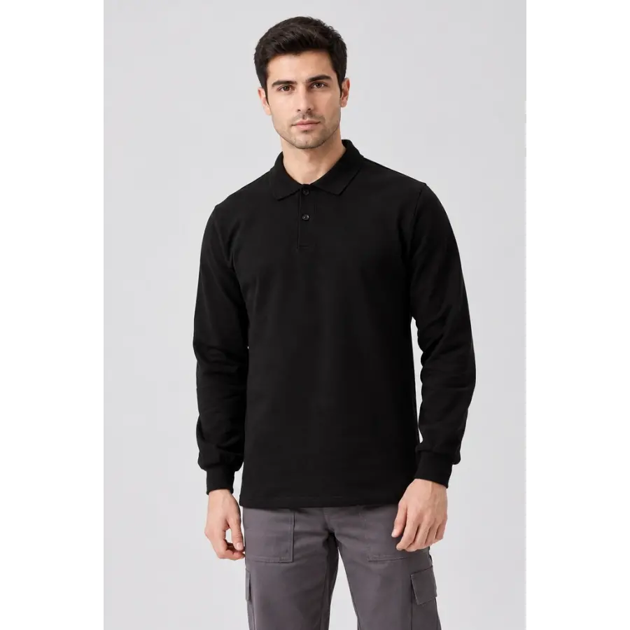 %100 Pamuk Polo Yaka Sweatshirt - Siyah