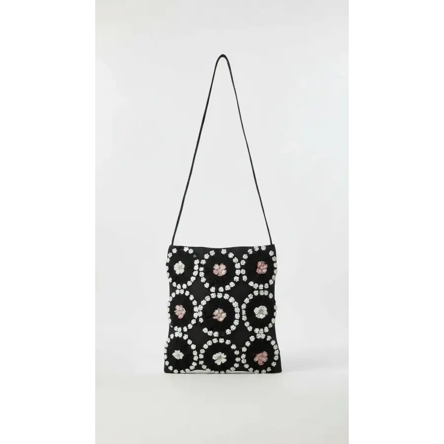 Handmade Floral Pattern Shoulder Bag - Black