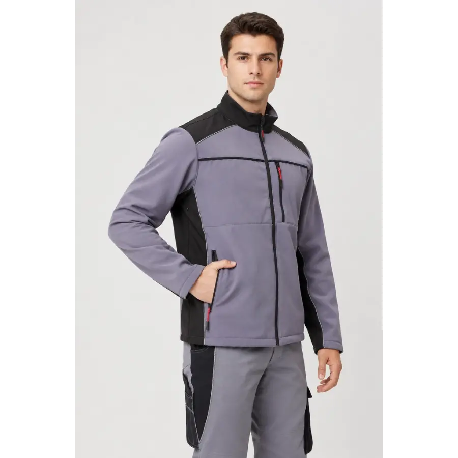 Fermuarlı Cepli Softshell Mont - Gri-Siyah