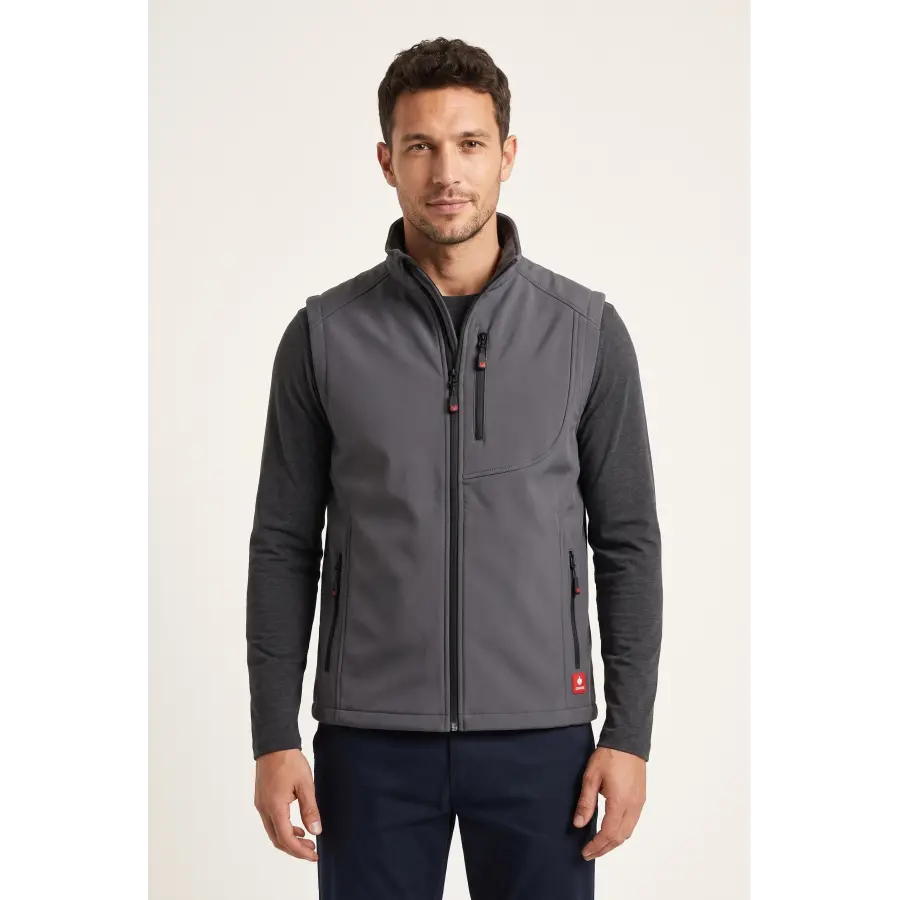 Polar Astarlı Fermuarlı Cepli Softshell Yelek - Füme