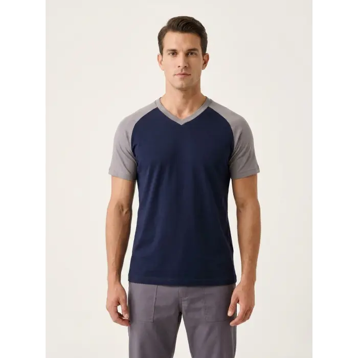 V-Neck T-Shirt, 100% Cotton, Summer - Navy/Grey