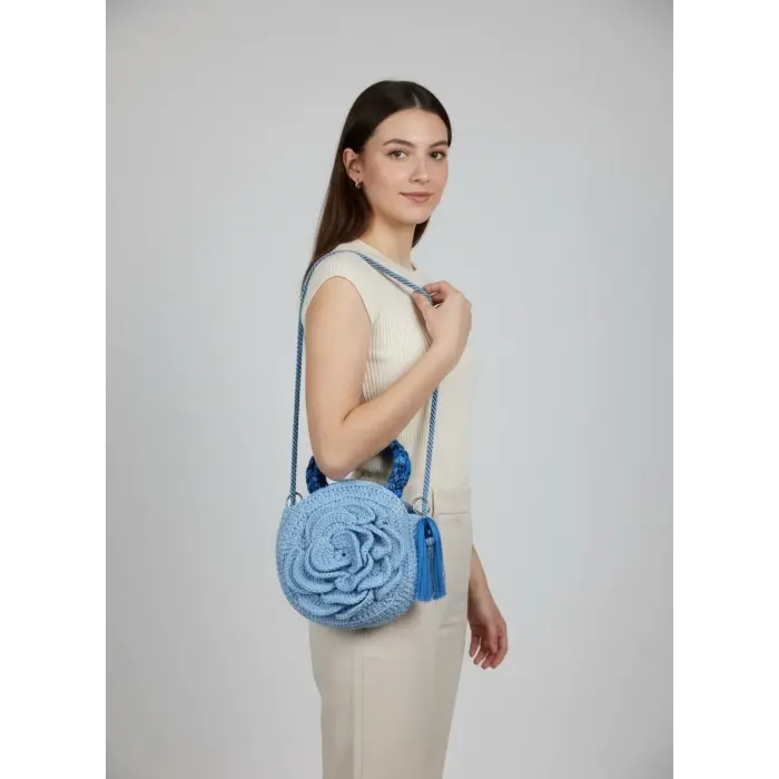 Round 100% Cotton Bag with Rose Motif - Blue