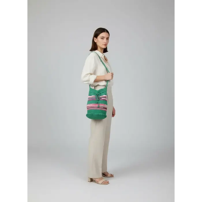 Gathered Knitted Cotton Shoulder Bag - Green