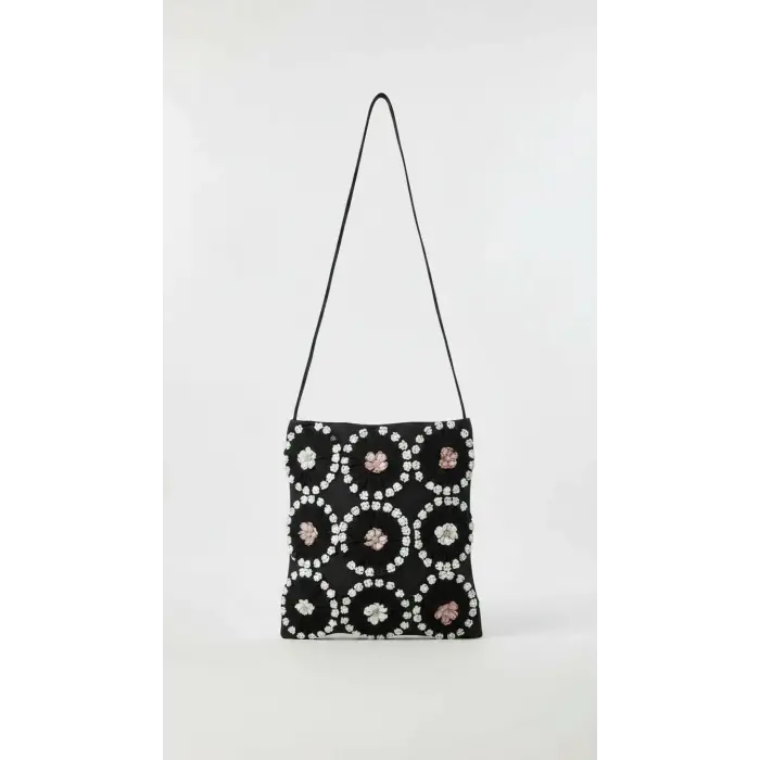 Handmade Floral Pattern Shoulder Bag - Black
