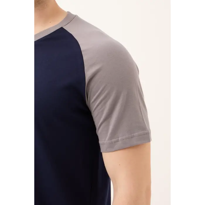 V-Neck T-Shirt, 100% Cotton, Summer - Navy/Grey