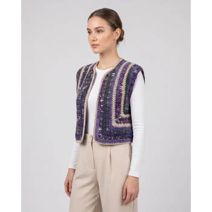 El Örgüsü Tığ İşi Crop Yelek - Mor Yeşil Ebruli