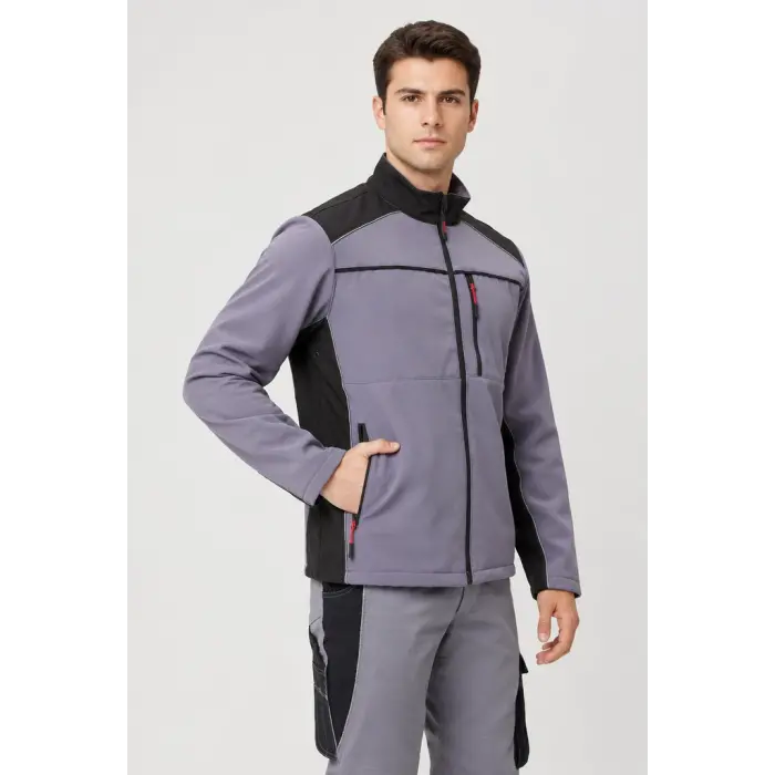 Fermuarlı Cepli Softshell Mont - Gri-Siyah
