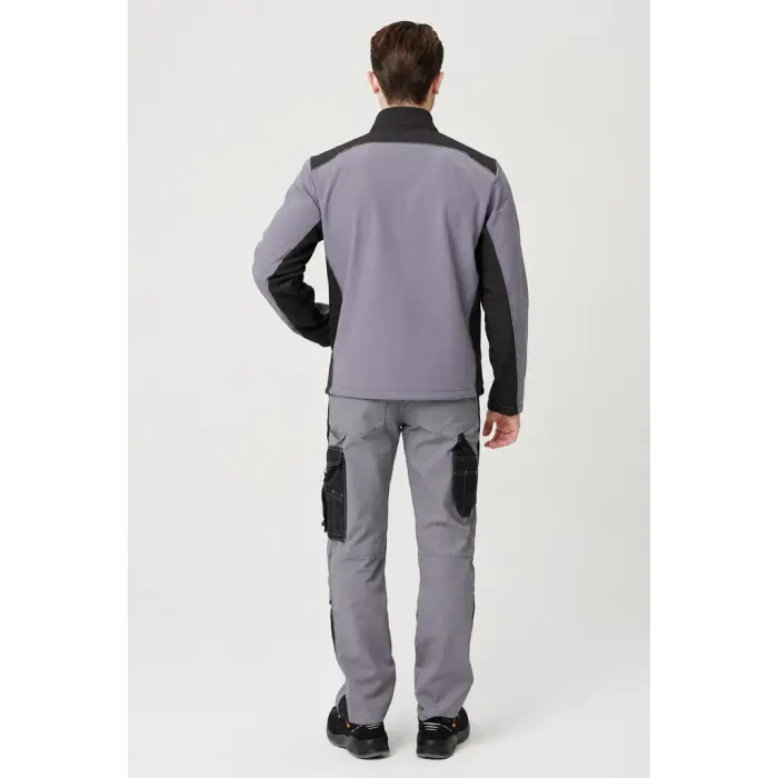 Fermuarlı Cepli Softshell Mont - Gri-Siyah