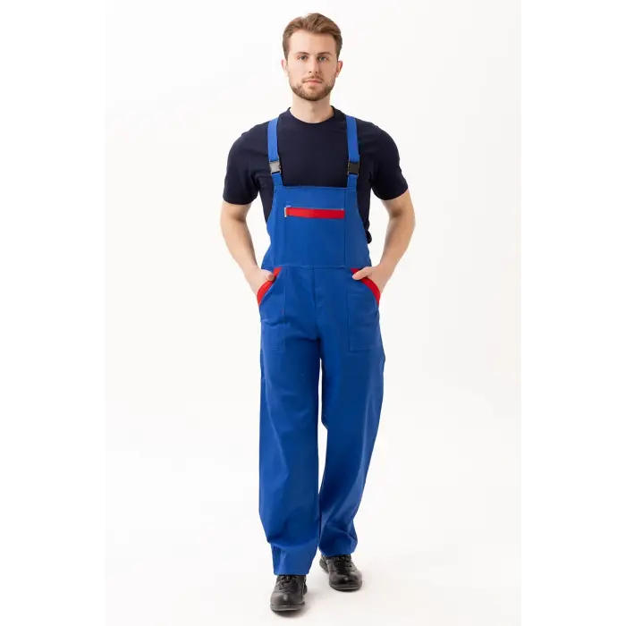 Gabardin %100 Pamuk Yazlık Bahçıvan İş Tulumu - Saks Mavi-Kırmızı