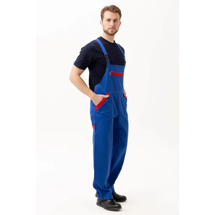 Gabardin %100 Pamuk Yazlık Bahçıvan İş Tulumu - Saks Mavi-Kırmızı