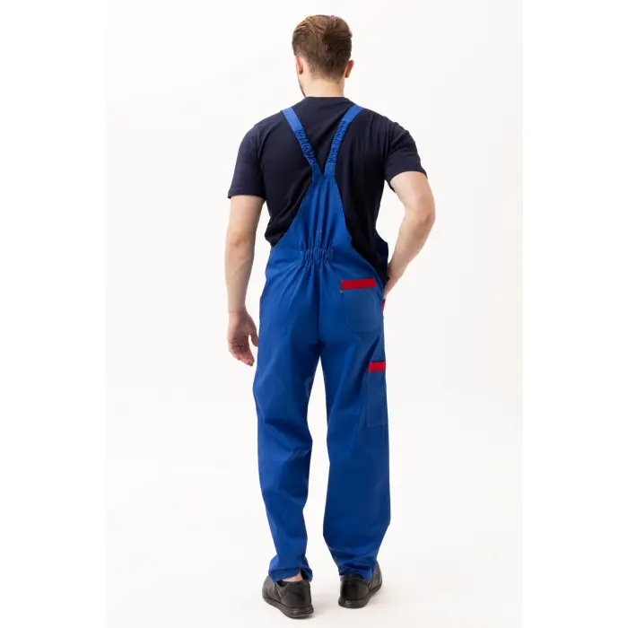 Gabardin %100 Pamuk Yazlık Bahçıvan İş Tulumu - Saks Mavi-Kırmızı