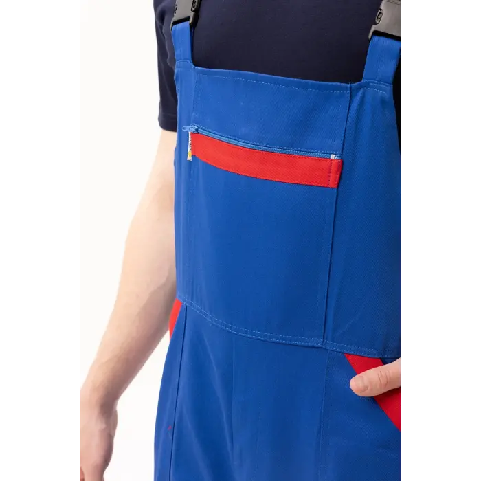 Gabardin %100 Pamuk Yazlık Bahçıvan İş Tulumu - Saks Mavi-Kırmızı