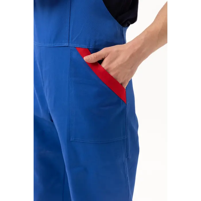 Gabardin %100 Pamuk Yazlık Bahçıvan İş Tulumu - Saks Mavi-Kırmızı