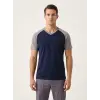 V-Neck T-Shirt, 100% Cotton, Summer - Navy/Grey