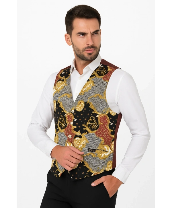 Astarlı İki Cepli Garson Yeleği Şal Desenli Şık Ve Fonksiyonel Hizmet Sektörü Kıyafeti