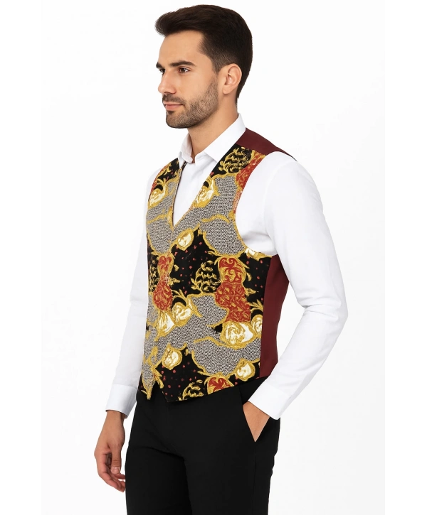 Astarlı İki Cepli Garson Yeleği Şal Desenli Şık Ve Fonksiyonel Hizmet Sektörü Kıyafeti