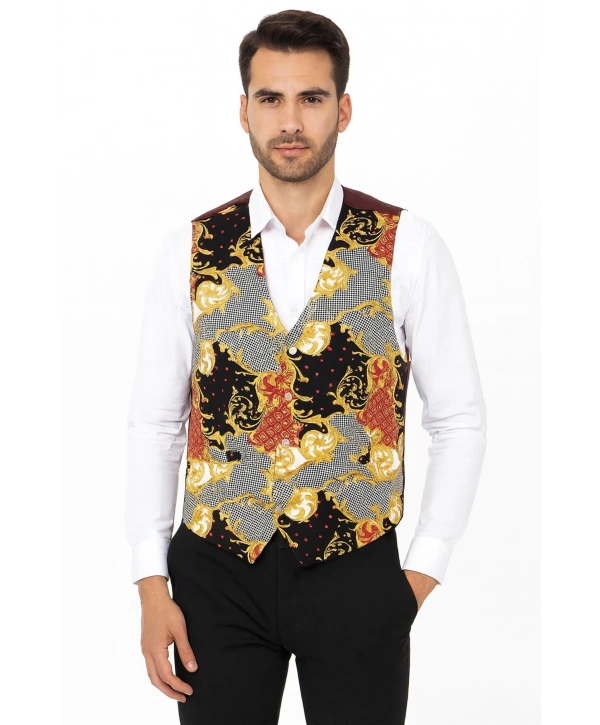 Astarlı İki Cepli Garson Yeleği Şal Desenli Şık Ve Fonksiyonel Hizmet Sektörü Kıyafeti