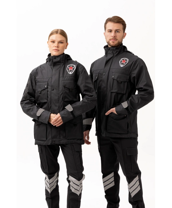 Güvenlik Kıyafeti Km Kaban Soğuk Havalara Dayanıklı Reflektörlü Kışlık Mont Modeli