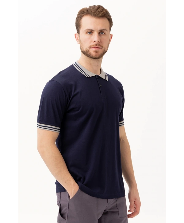 Hornet Polo Tişört - Şeritli Yaka Ve Kol Detaylı Lacivert Erkek Polo Tişört Şık Tasarım