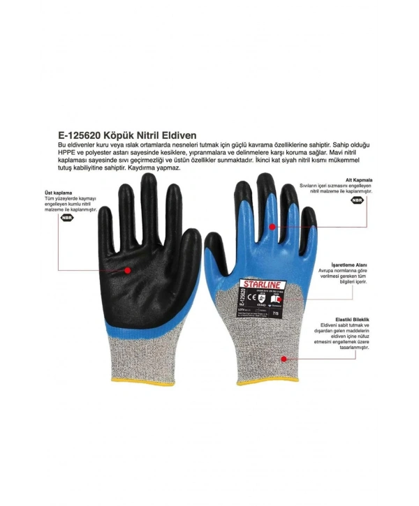 Starline E-125620 Köpük Nitril Kaplamalı İş Eldiveni Kaymaz