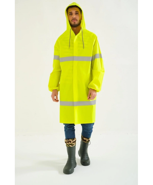 Yerli Diz Altı Pardesü Ry 1800 Reflektörlü Su Geçirmez Fosforlu Yağmurluk İş Güvenliği Kıyafeti