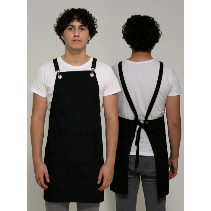 Siyah Askılı Şef Önlüğü – Mutfak Ve Barista Önlüğü Dayanıklı Kumaş
