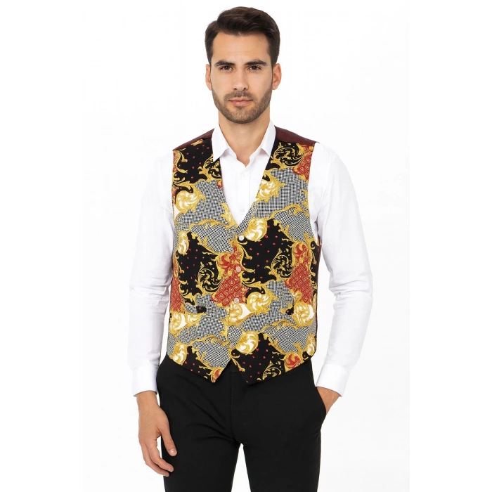 Astarlı İki Cepli Garson Yeleği Şal Desenli Şık Ve Fonksiyonel Hizmet Sektörü Kıyafeti