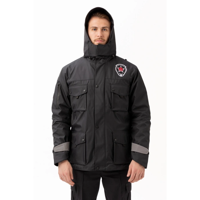 Güvenlik Kıyafeti Km Kaban Soğuk Havalara Dayanıklı Reflektörlü Kışlık Mont Modeli