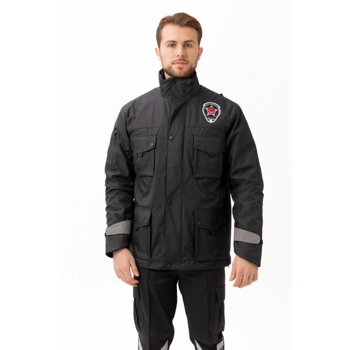 Güvenlik Kıyafeti Km Kaban Soğuk Havalara Dayanıklı Reflektörlü Kışlık Mont Modeli