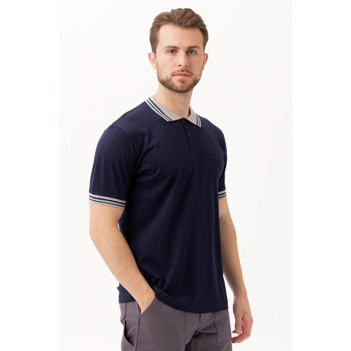 Hornet Polo Tişört - Şeritli Yaka Ve Kol Detaylı Lacivert Erkek Polo Tişört Şık Tasarım