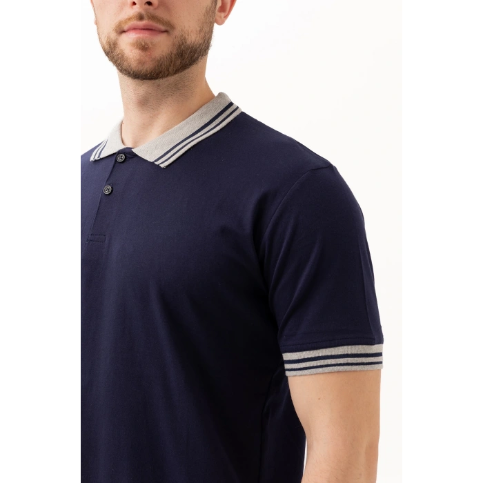 Hornet Polo Tişört - Şeritli Yaka Ve Kol Detaylı Lacivert Erkek Polo Tişört Şık Tasarım