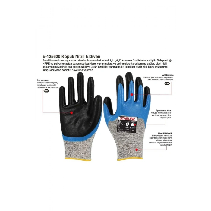 Starline E-125620 Köpük Nitril Kaplamalı İş Eldiveni Kaymaz