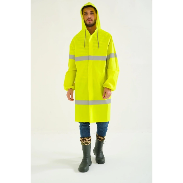 Yerli Diz Altı Pardesü Ry 1800 Reflektörlü Su Geçirmez Fosforlu Yağmurluk İş Güvenliği Kıyafeti