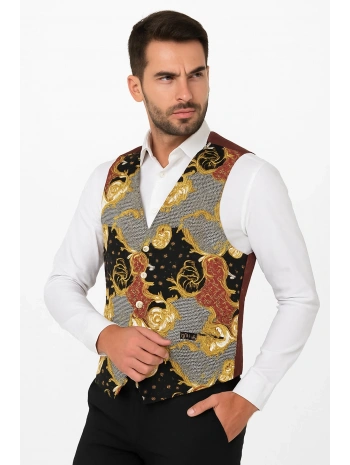 Astarlı İki Cepli Garson Yeleği Şal Desenli Şık Ve Fonksiyonel Hizmet Sektörü Kıyafeti