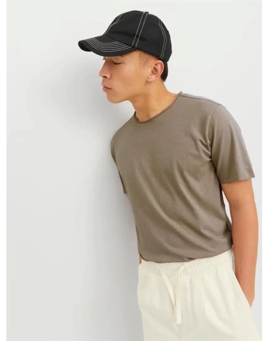 12182498 Yırtık Yaka  Oval Kesim Erkek Tshirt Bej