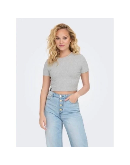 15311891 Likralı Fitilli Crop Kadın T-Shirt Gri