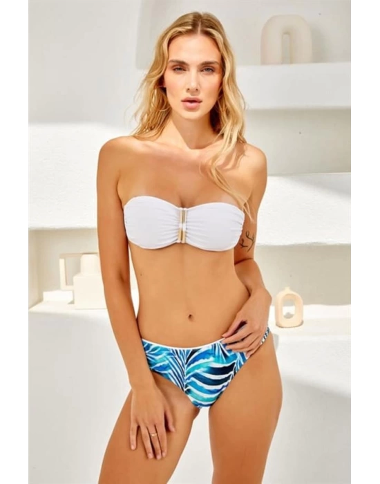 254217 Biye Detaylı Soft Straplez Bikini Takımı Mavi