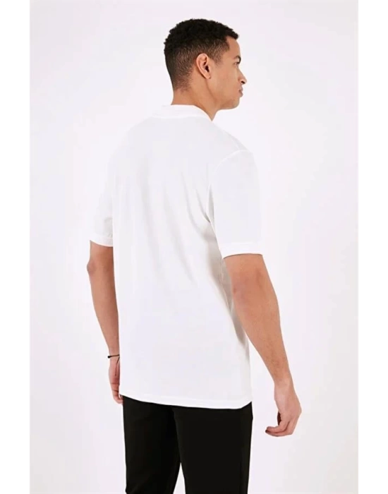 2570 Fermuarlı Polo Yaka Merselize Kumaş Kolu Ve Beli Lastikli Erkek TShirt Beyaz