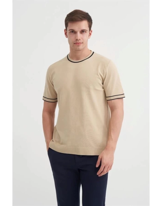 3013 Bisiklet Yaka Bel ve Kol Lastikli Triko Erkek T-Shirt BEJ