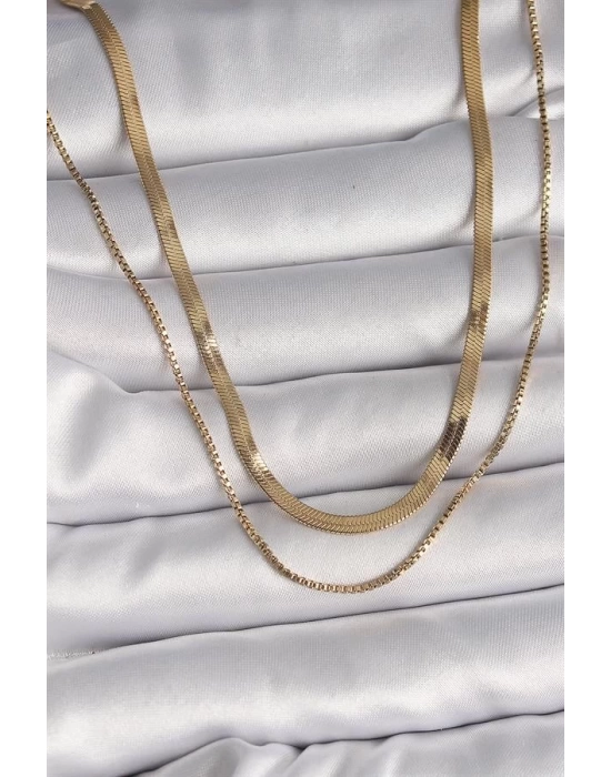 316L Çelik Gold Renk 2Li İtalyan Zincir Model Kadın Kolye