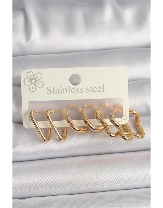 316L Çelik Gold Renk Çoklu Kalp Yıldız Model Kadın Küpe Seti