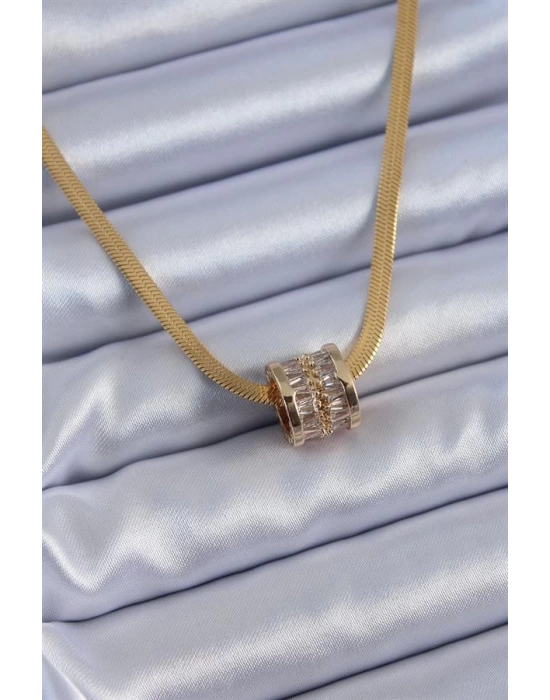 316L Çelik Gold Renk İtalyan Zincir Model Zirkon Taşlı Kadın Kolye