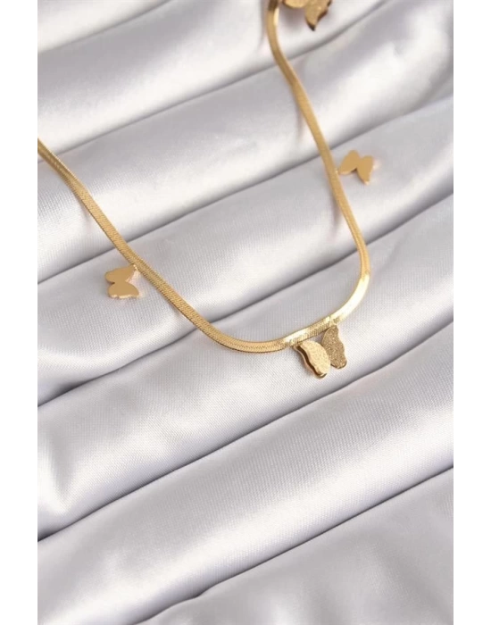 316L Çelik Gold Renk İtalyan Zincir Simli Kelebek Figür Kadın Kolye