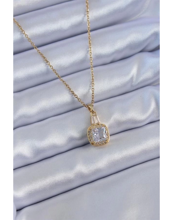 316L Çelik Gold Renk Kare Kristal Taşlı Kadın Kolye
